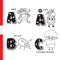 Danish alphabet. Monkey, sheep, beetle, mushroom. Vector letters and characters.