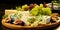 Danish blue cheese on a wooden board is served with figs, grapes and walnut kernels. Dark background. Banner