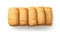 Danish butter cookies in a row isolated on a white background. Five rectangular shortbread biscuits with sugar cutout. Tasty baked