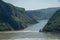 Danube border between Romania and Serbia. Landscape in the Danube Gorges.The narrowest part of the Gorge on the Danube between Se