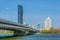 Danube landscape with the DC Tower 1 and The Imperial bridge (Reichsbrucke) in Vienna, Austria....IMAGE