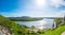 The Danube and Morava river together near the Devin castle, Slovakia. Summer weather, blue sky