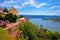 Danube river landscape view from old hillside Petrovaradin town