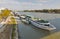 Danube river and passenger touristic ships moored in Bratislava, Slovakia.