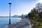 Danube river wide like a sea in front of Djerdap gorge entrance, a view from promenade at city of Golubac