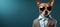 dapper dog in sunglasses and suit, isolated on blue background with copy space on left