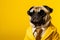 dapper dog in sunglasses and suit with tie, isolated on yellow background with copy space