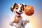 Dapper Doggy Dunks: A 3D-Rendered Dog\\\'s Fancy Basketball Pursuit on Blue Grey Gradient Background