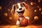 Dapper Doggy Dunks: A 3D-Rendered Dog\\\'s Fancy Basketball Pursuit on Golden Brown Gradient Background
