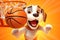 Dapper Doggy Dunks: A 3D-Rendered Dog\\\'s Fancy Basketball Pursuit on Golden Orange Gradient Background