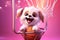 Dapper Doggy Dunks: A 3D-Rendered Dog\\\'s Fancy Basketball Pursuit on Pink Gradient Background