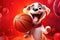 Dapper Doggy Dunks: A 3D-Rendered Dog\\\'s Fancy Basketball Pursuit on Red Gradient Background