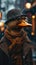 Dapper duck waddles through city streets in stylish attire, embodying street fashion with avian charm