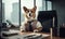 Dapper feline in a stylish suit sits working at an office desk. Created by AI