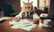 Dapper feline in a stylish suit sits working at an office desk. Created by AI