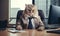 Dapper feline in a stylish suit sits working at an office desk. Created by AI