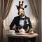 A dapper giraffe in a bowtie and top hat, enjoying high tea at an elegant setting3