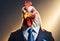 Dapper Rooster in Suit and Tie. A rooster confidently stands wearing a black suit and tie, showcasing a unique and