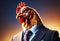 Dapper Rooster in Suit and Tie. A rooster confidently stands wearing a black suit and tie, showcasing a unique and