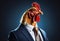 Dapper Rooster in Suit and Tie. A rooster confidently stands wearing a black suit and tie, showcasing a unique and