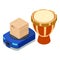 Darbuka icon isometric vector. Percussion music instrument near warehouse robot