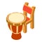 Darbuka icon isometric vector. Percussion musical instrument near wooden chair