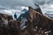 Daring climber conquering the jagged mountainous heights of the Dolomites, part of the Alps in Italy