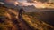 A daring mountain bike rider navigating a rugged rocky trail with a breathtaking mountain vista , adventure riding concept