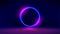 Dark abstract furistic background with circle gate. neon gloving ring in dark room. Round light frame for text. Portal