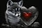 dark ai generated love stock image of a cute black and white fox with a red heart , generative ai