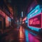 Dark alley in a cyberpunk city, illuminated by neon signs and holographic displays5