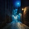 a dark alley with a street light and smoke coming out of it at night with a brick