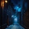 a dark alley with a street light and smoke coming out of it at night with a brick
