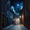 a dark alley with a street light and smoke coming out of it at night with a brick