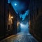 a dark alley with a street light and smoke coming out of it at night with a brick