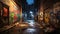 A dark alleyway with graffiti, AI