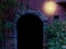 Dark arched doorway with a lighted lantern by night, medieval architecture background