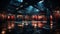 Dark atmospheric gym with red neon lights and glossy floor. Concept of gym, urban sports facility, moody lighting, and