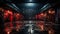 Dark atmospheric gym with red neon lights and glossy floor. Concept of gym, urban sports facility, moody lighting, and