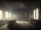 Dark atmospheric illustration of an empty abandoned kitchen in an old house with light though the windows casting deep shadows on