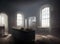 Dark atmospheric illustration of an empty abandoned kitchen in an old house with light though the windows casting deep shadows on