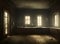 Dark atmospheric illustration of an empty abandoned kitchen in an old house with light though the windows casting deep shadows on