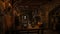 Dark atmospheric medieval tavern bar with food and drink on tables around an open fireplace. 3D rendering