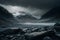 Dark atmospheric mountain landscape with glacier on black background. Illustration AI Generative