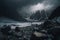 Dark atmospheric mountain landscape with glacier on black background. Illustration AI Generative