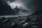 Dark atmospheric mountain landscape with glacier on black background. Illustration AI Generative