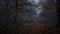 Dark autumn forest, hurricane in forest, scary atmosphere, gloomy forest landscape