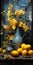 Dark Azure And Bronze: Rustic Scenes Of Yellow Flowers In A Vase