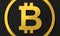 Dark background 3D coin logo bitcoin in gold with shadows. Rendering with shading and high closs golden B symbol concept.