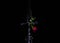 dark background with a red rose with a green stem resting on a black surface flanked by a sword